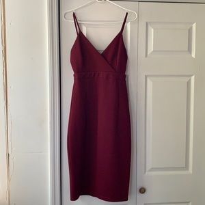 Burgundy v neck, knee length cocktail dress